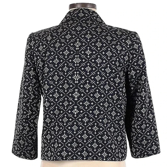 DKNY Navy & White Damask Print Silk Blend Cropped Blazer Jacket Size 6 Small - Picture 2 of 2